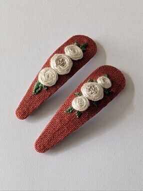 Cream Roses On Orange Hand Embroidered Hair Clips Handmade Accessories